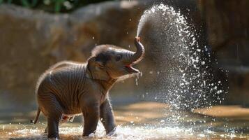 bebé elefante jugando en cuerpo de agua foto