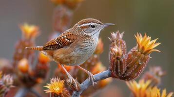 Small Bird Perched on Top of a Cactus photo