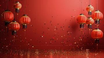 Group of Red Lanterns Hanging From a Tree photo