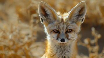 Close Up of a Foxs Face With Blurry Background photo