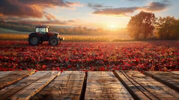 Table With Apples in Front of Tractor photo