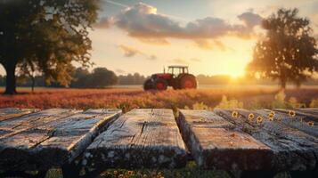 Table With Apples in Front of Tractor photo