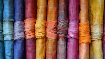 Row of Different Colored Scarves Hanging on Wall photo