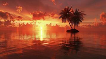 Majestic Sunset With Palm Trees and Island in Ocean photo