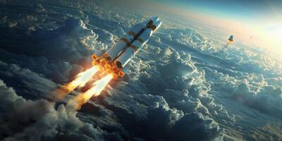Two Jets Flying Through Clouds With Rockets photo