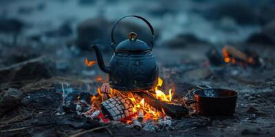 Tea Kettle Next to Campfire photo