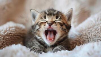 Small Kitten Yawns on Blanket photo