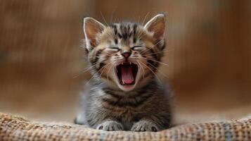 Kitten Yawns on Blanket photo