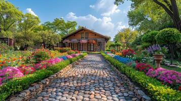 A Garden With Flowers and Rocks in the Grass photo