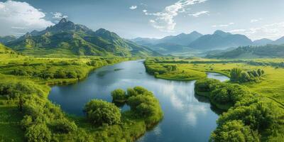 River Flowing Through Lush Green Valley photo