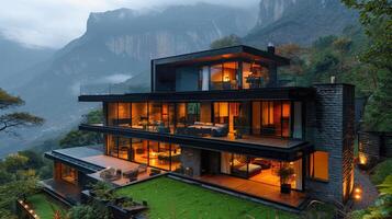 House Perched on Mountain Overlooking Mountains photo