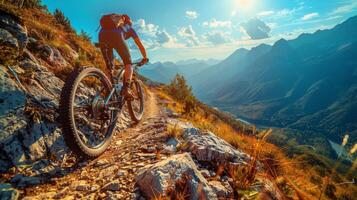 hombre montando montaña bicicleta abajo rocoso sendero foto