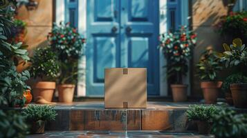 Cardboard Box on Counter Next to Potted Plants photo