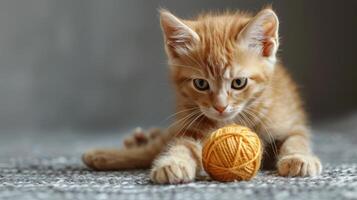 Small Kitten Sitting Next to a Ball of Yarn photo