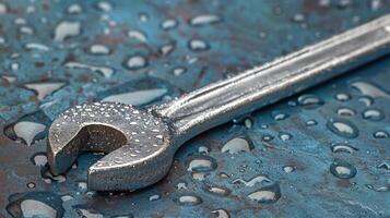 Close Up of Wrench on Blue Background photo