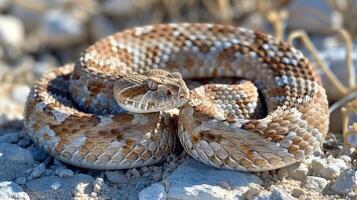 Brown and White Snake Curled Up on Ground photo