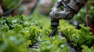 robótico mano cosecha lechuga en jardín foto