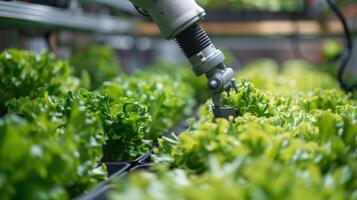 robótico mano cosecha lechuga en jardín foto