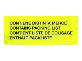 multilingual contains packing list label isolated over white photo