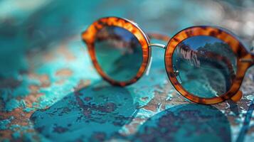 Sunglasses Resting on Wooden Bench photo