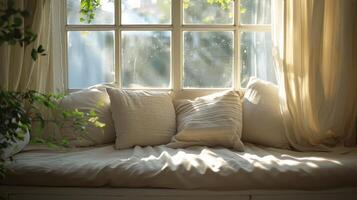 ventana asiento con almohadas y en conserva planta foto