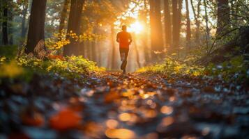 hombre corriendo abajo sendero en bosque foto