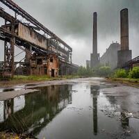 abandoned factory industrial ruins in the rain photo