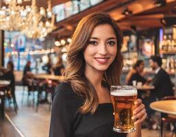 hermosa elegante mujer Bebiendo cerveza foto
