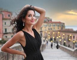 hermosa elegante mujer en el ciudad centrar foto