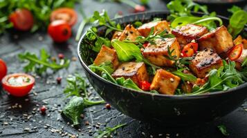Bowl Filled With Tofu and Broccoli on Table photo