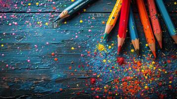 Group of Colored Pencils on Blue Surface photo