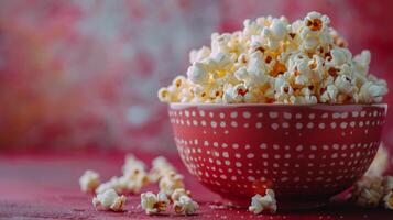 Blue Bowl Filled With Popcorn on Table photo