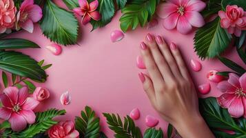 mujeres manos con rosado manicuras en medio de rosado flores foto