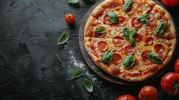 Pizza With Tomatoes and Basil on Yellow Background photo