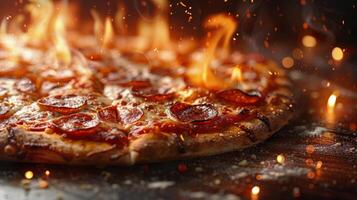 Pepperoni and Green Pepper Pizza on Wooden Board photo