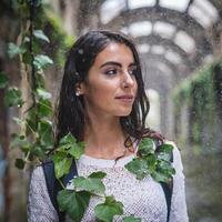 beautiful elegant woman in abandoned factory photo