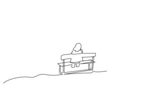 mature lonely woman sitting on park bench calmly watch outside one line art design vector