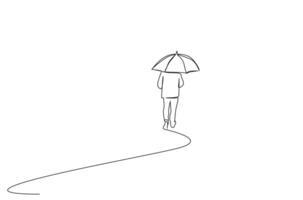 hombre maduro solo paraguas fuera de caminando lejos frío lluvia nieve frío clima vida uno línea Arte diseño vector