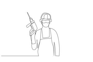 industry worker drill construction safety glasses helmet person portrait one line art design vector