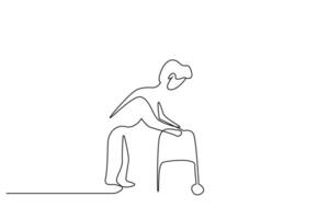 old man walking difficulty help paralysis one line art design vector