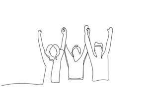 Tres amigos personas alegrarse celebrando victoria éxito contento uno línea Arte diseño vector