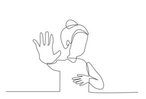 woman rejecting stop sign gesturing dislike with hand one line art design vector