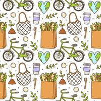 Cute seamless pattern with recycle and reusable products - mesh bag, cotton pads, bamboo toothbrushes. Bike and heart-shaped Earth. Zero waste, Go green, No plastic. vector