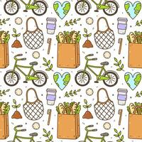 Cute seamless pattern with recycle and reusable products - mesh bag, cotton pads, bamboo toothbrushes. Bike and heart-shaped Earth. Zero waste, Go green, No plastic. vector