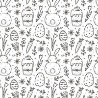 linda sin costura modelo con Pascua de Resurrección huevos, mariposas, conejitos y flores dibujado a mano garabatear ilustración. Perfecto para fiesta diseños, imprimir, decoraciones, envase papel, fondo de pantalla. vector