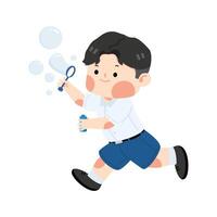 Kid student blowing soap bubbles vector