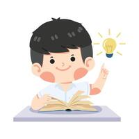 Kid student reading book with idea lamp vector