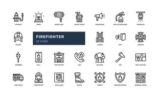 firefighter fireman flame emergency danger outline line icon set vector