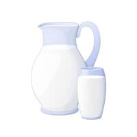 decanter with milk and glass of milk drawn by hand in cartoon style vector