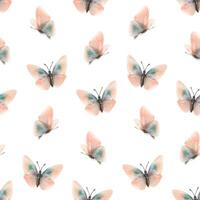 Delicate, flying, elegant butterflies in the trendy pastel color peach fuzz in a vintage style. Hand drawn watercolor illustration. Seamless pattern, repeating ornament on a white background vector